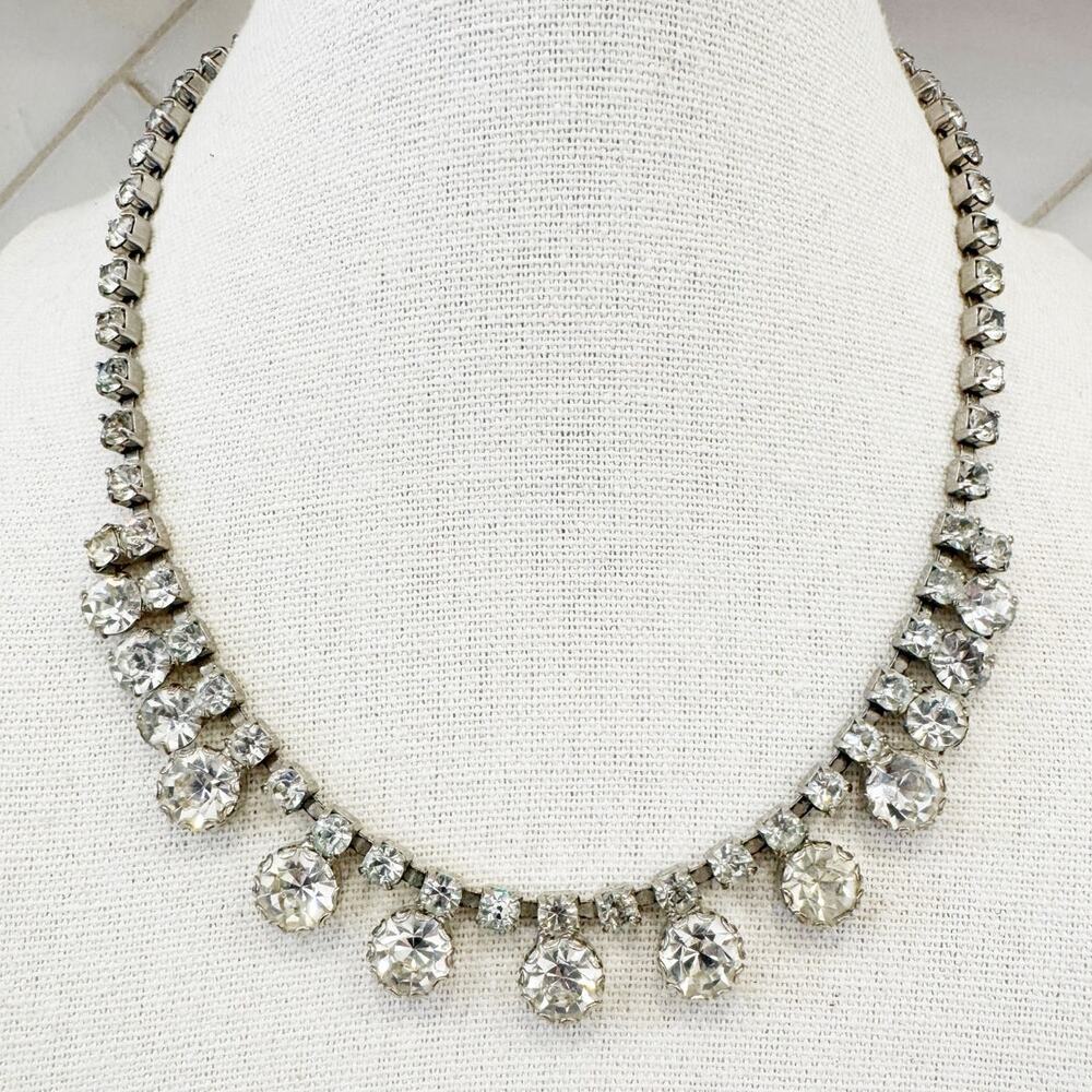 Vintage Rhinestone Necklace Silver Tone